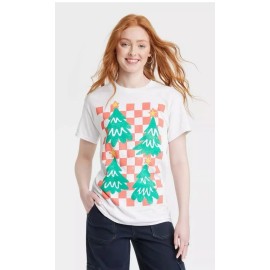Mighty Fine Women's Holiday Christmas Tree Checkered T-Shirt - White Mighty Fine Size Small
