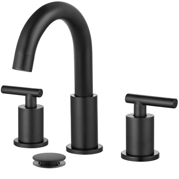 gotonovo 3 Hole 2 Handles Lavatory Basin Bathroom Sink Faucet with Pop Up Drain with Hot and Cold Mixer Valves 8 Inch Widespread Bathroom Faucet Gooseneck Spout Matte Black