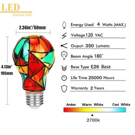 Jedluxrra A19/A60 Stained Glass LED Light Bulb 4 Watts E26 Base Colored Colorful Multicolor Lightbulb for Christmas Xmas Unique Home Party Decoration,Dimmable-2Pack