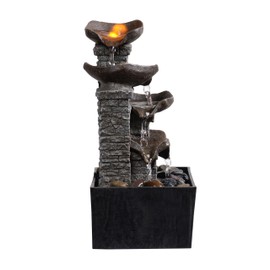 MAOCHI Tabletop Indoor Water Fountain Cascading with 3-Tier Bowl Brick Wall Design with LED Light Tabletop Zen Decor