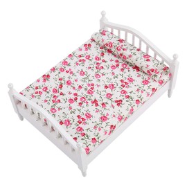 Dilwe Puppenhaus-Doppelbett, Puppenhaus-Zubehör, Blumenmuster, Mini-Möbel, Doppelbett für Puppen Im Maßstab 1:12