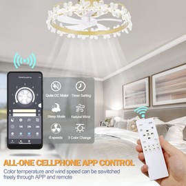 Oaks Aura Fandelier Ceiling Fan with Light and Remote, 20'' Dimmable LED 3 Colors and 6 Wind Speeds,Flush Mount Low Profile Ceiling Fan for Kids Room and Bedroom