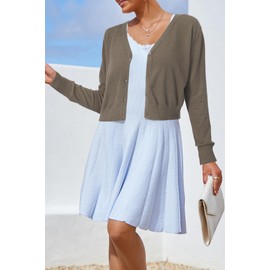 Newshows Womens Summer Cropped Cardigan Open Front Button Down Knit Bolero Shrug 2025 Spring Trendy Long Sleeve V Neck Business Casual Sweaters Work Pale Brown S