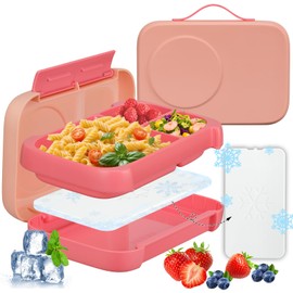 JXXM Bento Box for Kids,Kids Bento Lunch Box with Built-in Ice Pack for School,3 Compartments Leak Proof Lunch Container with Utensils for Girl Boy;BPA Free,Microwave & Dishwasher Safe, 44oz(Pink)