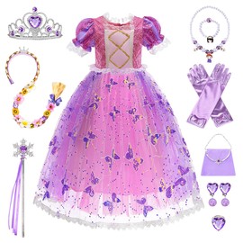 COYBTO Princess Costumes for Girls - Rapunzel & Sleeping Beauty Dress Up with Crown Necklace Set, Long Skirt, Kids Fancy Dress for Party Cosplay (Purple, 130)