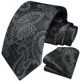 HISDERN Ties for Men Extra Long Black Tie and Pocket Square Set Classic Paisley Slik Necktie Handkerchief Formal Business Wedding Party Men's Neckties