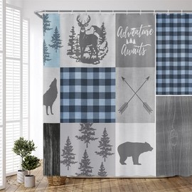 PZMPZM Cabin Shower Curtain Retro Rustic Lodge Bear Moose Deer Elk Wolf Forest Adventure Awaits Buffalo Plaid Country Hunting Style Home Bathroom Polyester Fabric Curtains with Hooks 70Wx70H inch