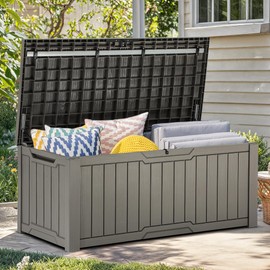 YITAHOME 120 Gallon Resin Deck Box, Weather Resistant Outdoor Storage Box for Patio Cushions, Garden Tools, Pool Supplies, Lockable, Easy Assembly, Extra Seat or Table (Light Brown)