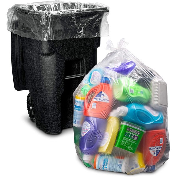 95-96 Gallon Clear Trash Bags, (25 Count w/Ties) Large Clear Plastic Garbage Bags, 61"W x 68"H.