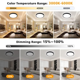 Unicozin Dimmable LED Flush Mount Ceiling Light with Remote Control, Wired 3000K-6000K Color Changing, 12Inch 24W(150W Equiv) 2200LM, Round Flat Ceiling Lamp Black for Bedroom, Living Room, Kitchen