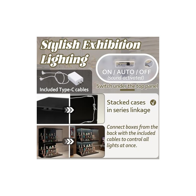 2PCS Clear Display Case for Collectibles, 3-Tier Adjustable Display Case