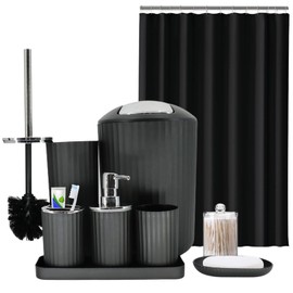 Black Bathroom Accessories Set, 9-Piece Bathroom Accessory Sets Complete with Trash Can,Shower Curtain, Vanity Tray, Soap Dispenser, Soap Dish, Toothbrush Holder, Toothbrush Cup and Toilet Brush