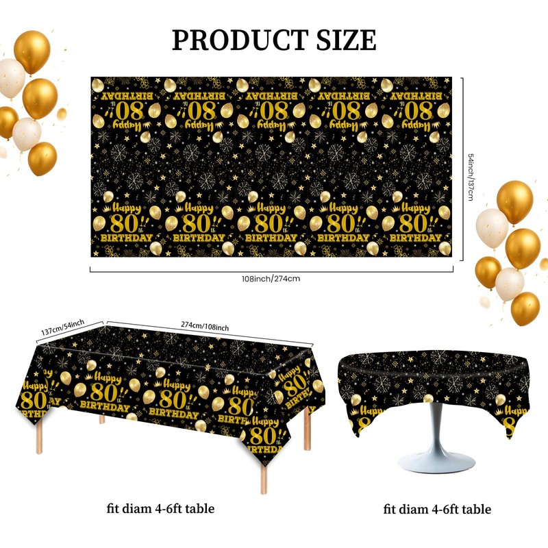 HFBOBP 2 Pack 80th Birthday Tablecloths,54 x 108 inch Disposable