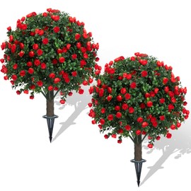 AOKIIE Set of 2 Artificial Boxwood Topiary Ball Trees with Red Flowers for Outdoor with Ground Spike 22", UV Resistant Faux Greenery Shrubs, Fake Plants for Garden, Yard, Porch, Patio Valentine's Day Decor