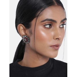 I Jewels Womens 18K Silver Oxidized Indian Wedding Bollywood Kundan Studded Meena Work Designer Circular Stud Earrings (E2933Zm) Maroon