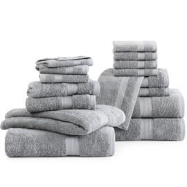 LANE LINEN 16 PC Luxury Grey Cotton Bath Towel Set - Highly Absorbent Bath, Hand and Wash Towels
