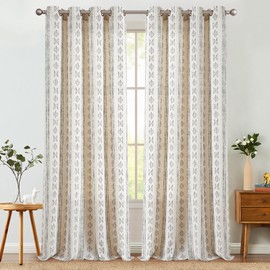 jinchan Boho Curtains Linen Blend Curtains for Living Room Black on Beige Farmhouse Curtains 120 Inches Long 2 Panels Extra Long Curtains Light Filtering Bedroom Window Grommet Curtains