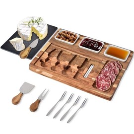 MEOWMAO Charcuterie Cheese Boards Set,Natural Acacia Charcuterie Tray Cheese Platter with 3 Ceramic Bowls Stainless Steel Cutlery Set- Housewarming, Wedding & Bridal Shower Gifts