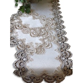 Galleria di Giovanni Table Runner Dresser Scarf Taupe Lace Antique White 56 Inch Plus 2 Doilies 3 Piece Set Earth