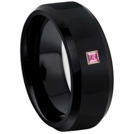 Beveled Black Mens Tungsten Carbide Wedding Band with 0.05ctw - 0.10ctw Princess Cut Pink Tourmaline - Comfort Fit Tungsten Anniversary Ring - RG Bezel