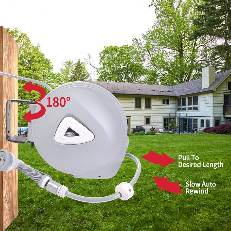 Retractable Garden Water Hose Reel Storage Gun Rewind Wall Mount
