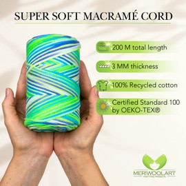 MeriWoolArt® Premium Macrame Yarn - Macrame Cotton Yarn 3 mm x 200 m - Super Soft Yarn, Single Twist Macrame Cord - Oeko-Tex 100% Recycled Cotton for DIY Boho Decoration Crafts