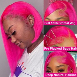 CBQHTY Hot Pink Bob Wig Human Hair Full 13x6 Straight Lace Frontal Wigs 180 Density Pre Plucked with Baby Hair Short Glueless Colored Transparent Lace Wigs for Black Women