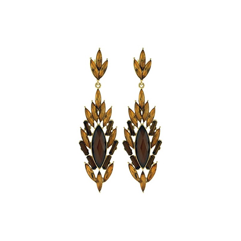 Gold-Tone Drop Dangle Earrings With Ornate Amber And Cat's-Eye Colored