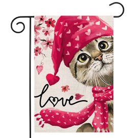 EKOREST Valentines Day Love Cat Garden Flag 12x18 Double Sided,Watercolor Cat with Hat Scarf Sakura Small Yard Flag,Seasonal Outdoor Decor for Anniversary Wedding Holiday Outside