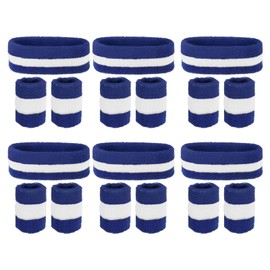 PATIKIL Sweatbands Headband Wristband, 6 Set/18Pcs Sweatband Terry Cloth for Sports Basketball Tennis Athletic Gym Working Out, Navy Blue, White
