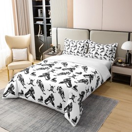 jejeloiu Ice Hockey Cotton Duvet Cover Set Twin Size Kids Hockey Player Hockey Puck Bedding Set for Boys Teens Winter Sports Event Comforter Cover Set Soft Black White Bedspread Cover