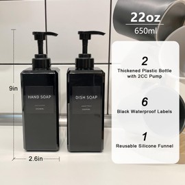 Black Soap Dispenser with Waterproof Labels, Thickened Plastic Hand Soap Dispenser for Bathroom, Kitchen Dish Washing Liquid Bottles, Shampoo and Conditioner Bottles with Funnel (22oz 2Pack Black)