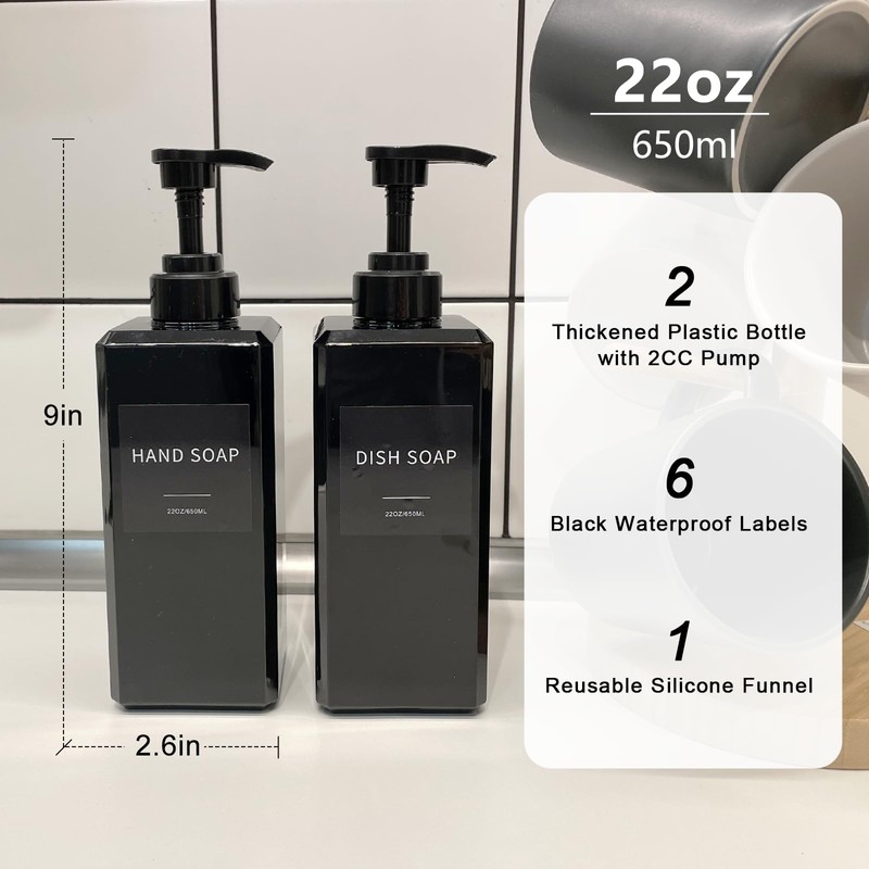 Black Soap Dispenser with Waterproof Labels, Thickened Plastic Hand Soap