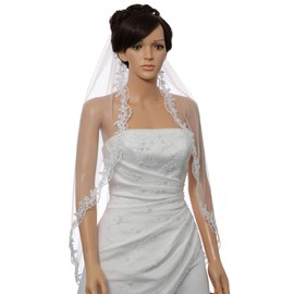 SAMKY 1T 1 Tier Flower Scallop Embroided Lace Pearl Veil - White Fingertip Length 36" V466