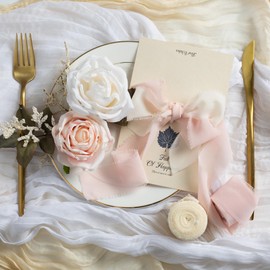 Flyhill 3 Rolls Fringe Chiffon Silk Ribbon,1.5" x 21Yd (3 Rolls *7Yd) for Gifts Wrapping,Wedding Invitations,Bouquets,Decorations,Craft-Nude,White,Beige Pink