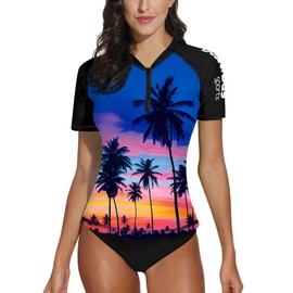 BesserBay Ladies Summer Zip Up Short Sleeve Crew Neck Rash Guard Swim Top Zipper Bathing Suit Swimming Costume B9 XL