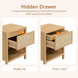 XIAO WEI Rattan Nightstand Set of 2, 20 Inch Wide Large Night Stand with Hidden Drawers, Boho Bedside Table End Table with Open Shelf, Bedroom, Natural