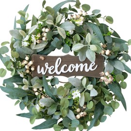 Corona de eucalipto de bayas idílicas para puerta delantera, corona artificial de 18 pulgadas para primavera y verano de hojas verdes para decoración de granja, pared de boda, ventana delantera y porche