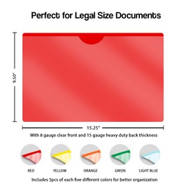 Doctor Stuff- 25 Pack, Vinyl Plastic Pocket File Folders Closed Sides, Legal Size, Clear Front Top Loading Job Jacket, Documents Holder for Office, High School and Medical Files, 5 Assorted Colors