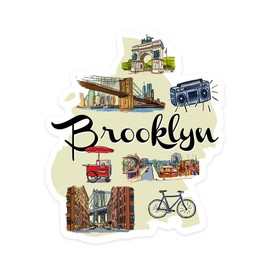 Lantern Press Sticker Brooklyn, New York, Landmarks and Icons, Die Cut Vinyl, (Waterproof Decal for Cars, Water Bottles, Laptops, Coolers), Small