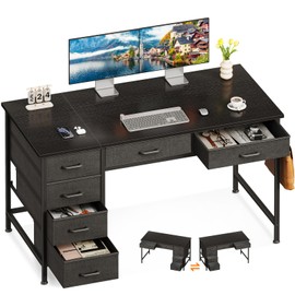 ODK Computer Desk with 6 Drawers, 48 Inch Office Desk with Storage, Reversible Desk with Headphone Hook for Home Office, Work Study Table for Bedroom, Black