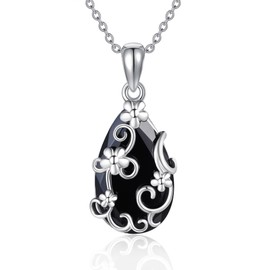 JERWLI Black Onyx Chain Women's Silver 925 Flower Black Onyx Pendant Necklace Onyx Jewellery Gift for Girls Mother, Sterling Silver