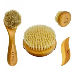 4pcs Dry Brushing Body Brush Set for Lymphatic Drainage-Natural Bristle Dry Skin Brush +Facial Dry Brush for Face+Dry Skin Exfoliating Scrubber+Wood Therapy Massage Tool. Gua Sha, Anti-Cellulite.