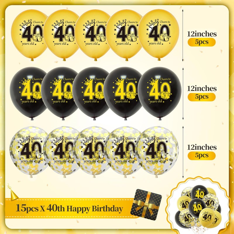 POPOYU 15Pcs 40th Birthday Balloons,Black Gold 40th Birthday Decorations for