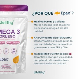 Wellthy Omega 3 Epax® 90 Cápsulas Ácidos Grasos 2000mg. Aceite de Pescado Noruego Ultraconcentrado. 30% EPA y 20% DHA La más alta concentración, Alta 