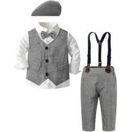 Boys Clothes Set, Dress Shirt with Bow Tie + Formal Vest + Newsboy Hat + Suspender Pants 4 Pieces Gentleman Suit Kid, Hat - Grey, 5-6 Years = Tag 140