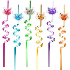 MYZSBRDM 24 Glitter cat Reusable Straws with 24 Detachable Kitty Charms - 6 Colors Spiral Party Drinking Straws ，2 Cleaning Brushes for Birthdays, Christmas, Kids & Adults