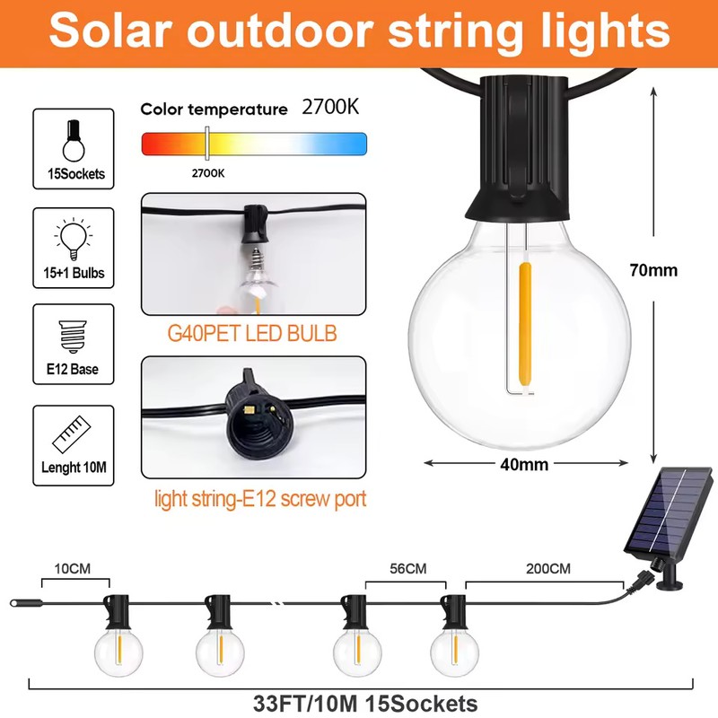 33ft Solar String Lights with 10H Auto On/Off Sensor, Warm