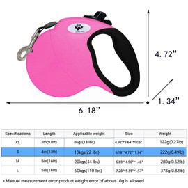 CROWN PAWS 13ft Retractable Dog Leash for Small Breed Dogs up to 22 lbs with a Detachable Chew Proof Extender Wire Ropes (Pink S)