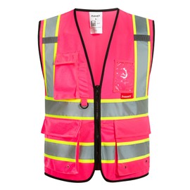 ProtectX 9 Pockets Safety Vest for Men Women High Visibility Reflective Vest for Construction Work Class 2 Pink Large